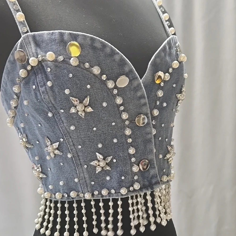 La'Rose Embellished Crystals Stones  Pearls Denim Crop Top Size Large - Picture 6 of 11